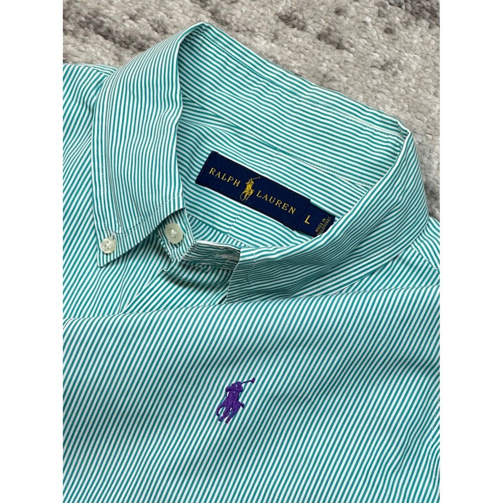 Ralph Lauren Button Down Mens L Green Striped Long Sleeve Cotton Polo Pony Logo
